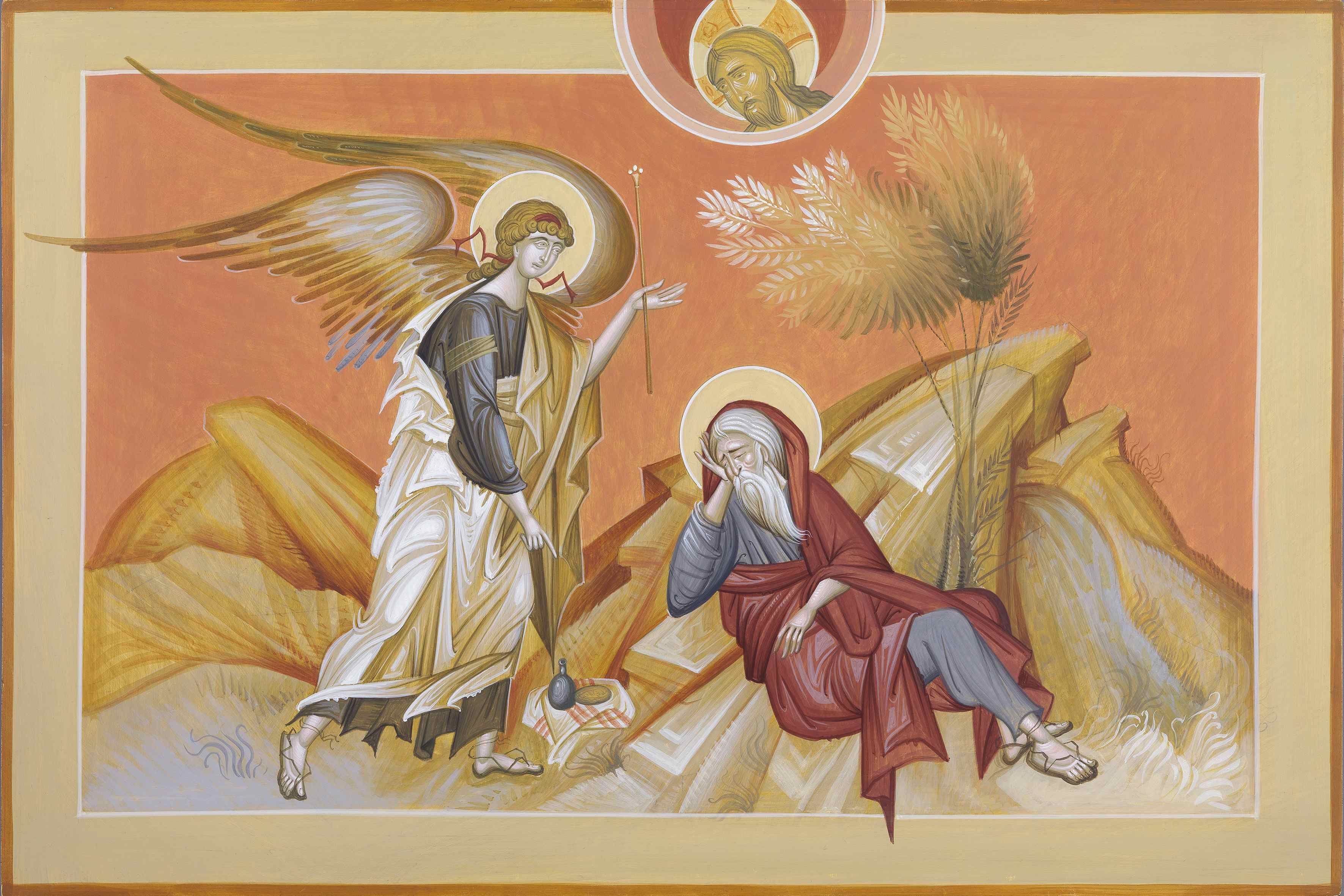 Помощь святых ангелов. Илия пророк в пустыне икона. Икона явление пророка Ильи. Пророк Исаия фреска икона.